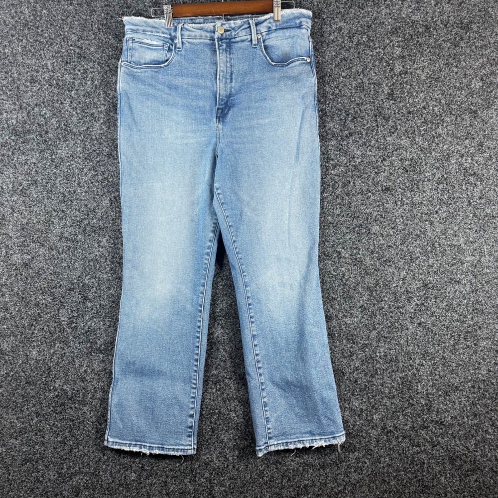 Good American Good Straight Jeans Womens 15 Blue High Rise Raw Hem GSNF602T‎